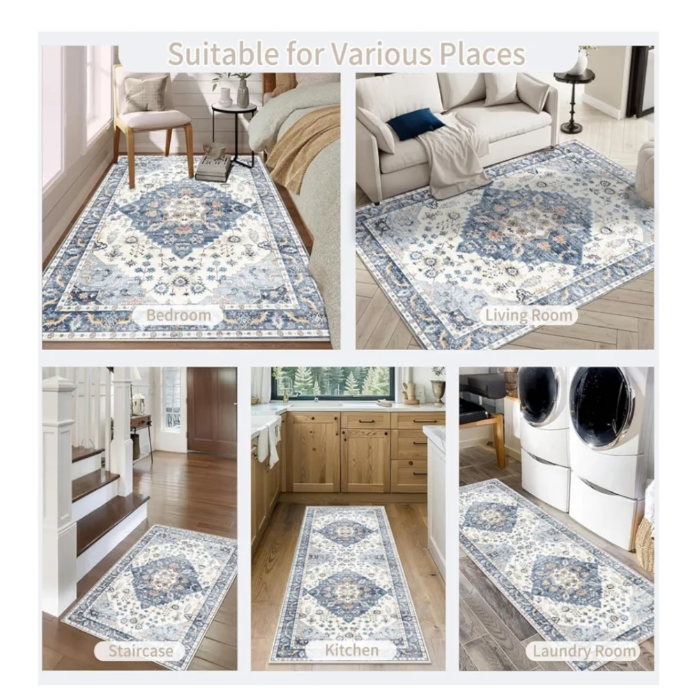 NWT 2'x6' Boho Rug Runner Non-Slip Machine Washable In Blue/Cream/Beige/Gray